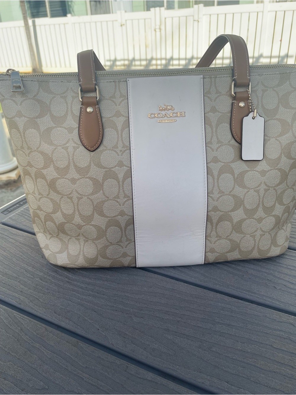 Coach Beige Signature Tote with White Center Stripe and Brown Trim